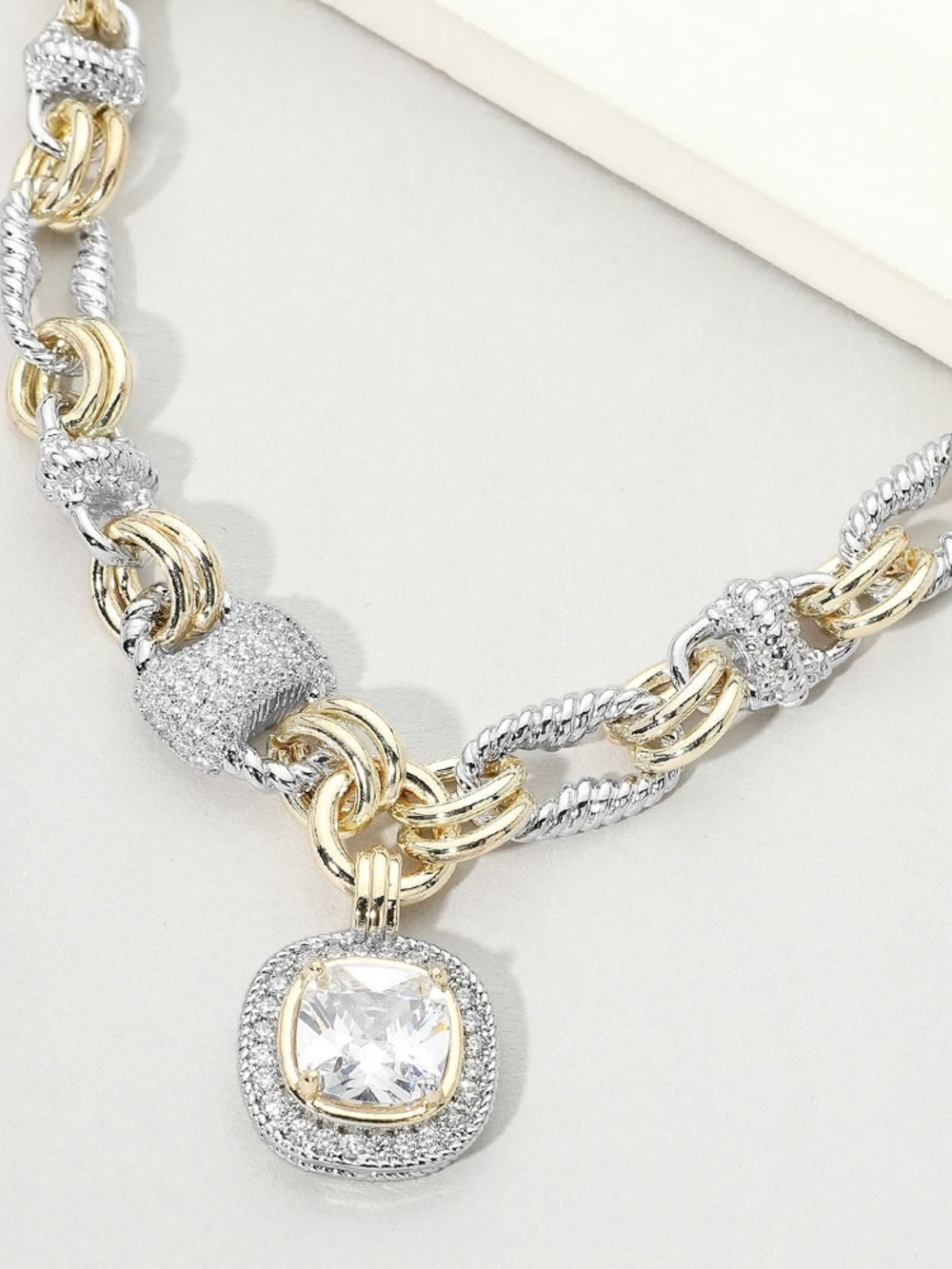Two-Tone Gold & Silver Pendant Necklace with Clear Crystal Charm